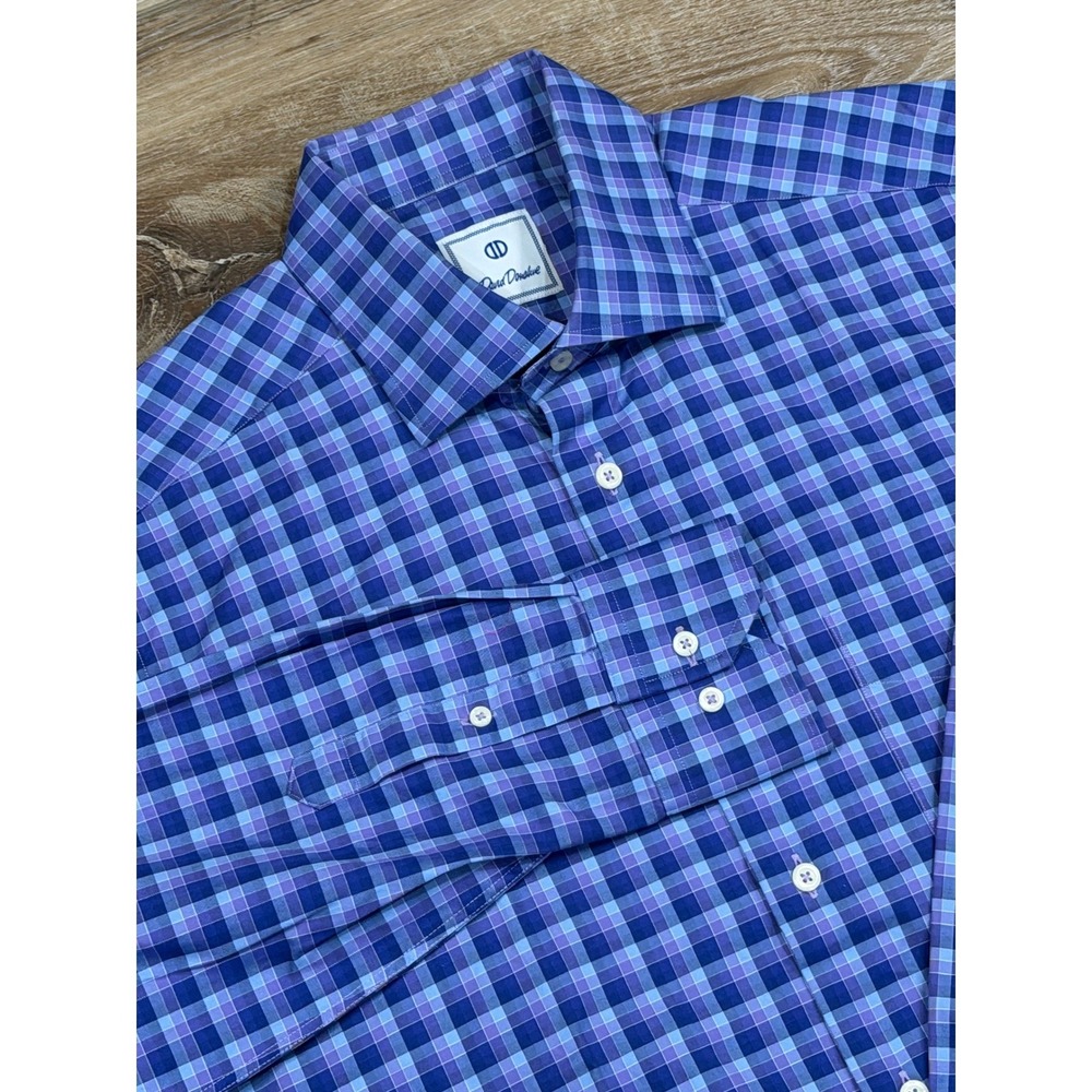 David Donahue Mens Large Blue Purple Gingham Plaid Cotton Spread Collar Shirt